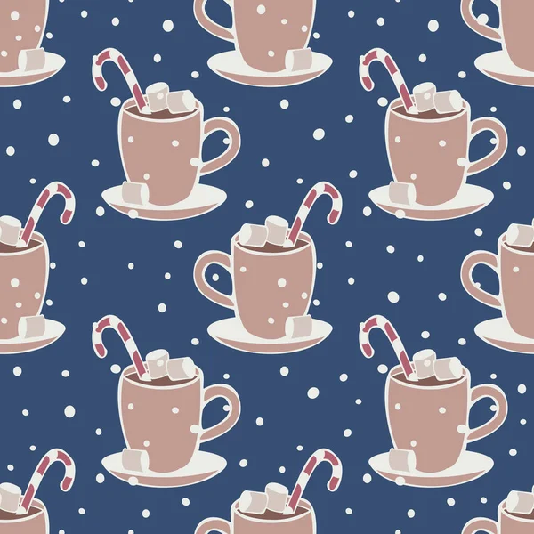 Vector seamless pattern with cups with hot chocolate, marshmallow and candy canes. Cozy design with falling snow.
