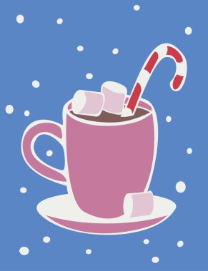 Şekerlemeli ve bastonlu sıcak çikolatalı vektör çizimi. Kartpostal için tasarım.