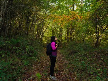 Sırt çantasıyla ormanda yürüyen genç bir kadın.