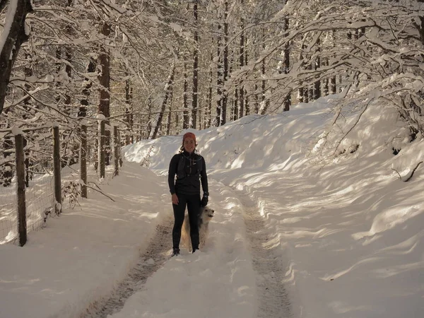 站在白雪覆盖的森林里的年轻女子 — 图库照片