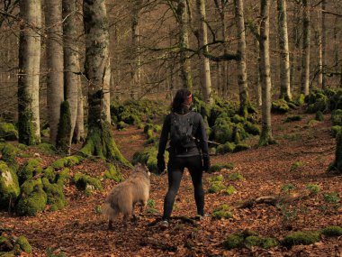 Urbasa ormanında yürüyüş yapan tanınmamış genç bir kadın.