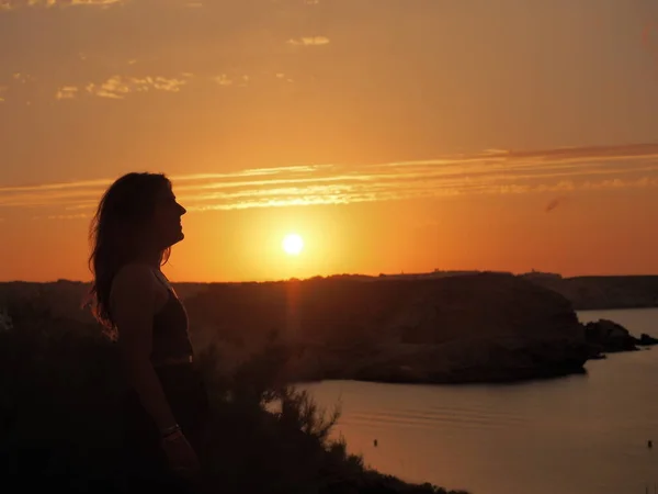 Silhouette Young Woman Menorca — Stock Photo, Image