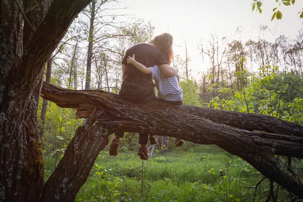 Förhållandet mellan kärleksfull mor och liten son sitter i träd medan du går genom vårskogen. Vänskap och kärlek till syskon, sorgliga känslor, sorg. Ensamhet, ensamhet hos omtänksamma barn Stockbild