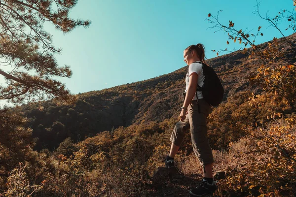 Concetto di trekking e avventura da solo. Viaggio estivo di ragazza adolescente con zaino in montagna. Sfida, conquista — Foto Stock