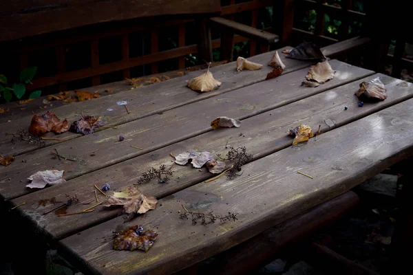 Una Mesa Madera Terraza Cubierta Con Hojas Caídas Otoño —  Fotos de Stock