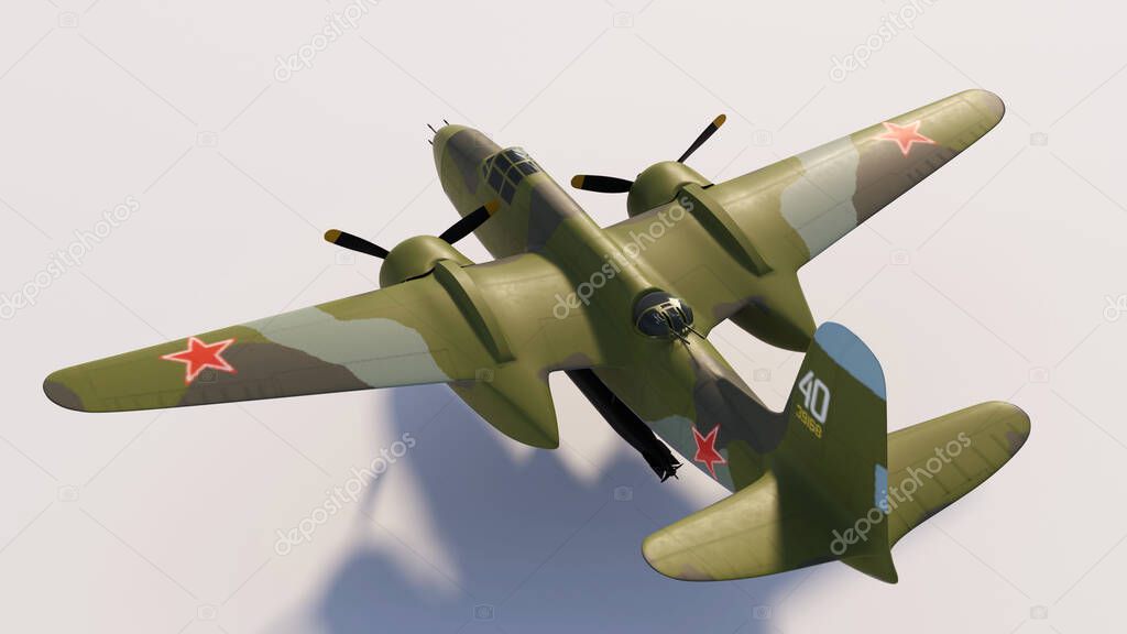 3D illustration. American bomber-torpedo plane with emblems of the Soviet army