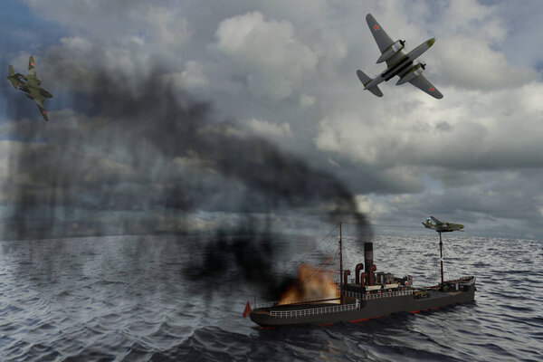 3D иллюстрация. Погружение советскими самолетами нацистского парохода в Балтийском море в 1945 году