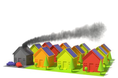 Üç boyutlu illüstrasyon. Ekolojik evler ve baca tüttüren bir ev.