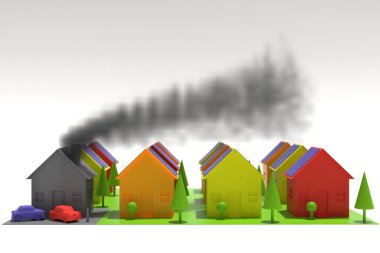 Üç boyutlu illüstrasyon. Ekolojik evler ve baca tüttüren bir ev.