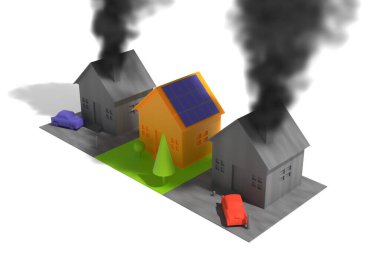 3 boyutlu illüstrasyon. Kazanda yanan geleneksel evlerle çevrili ekoloji evi.