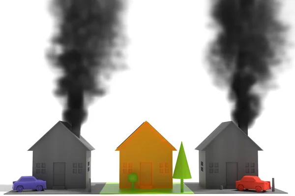 3d illustration. ecological house surrounded by traditional houses burning in the furnace