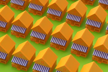 3 boyutlu illüstrasyon. Teraslı ve tenteli tatil evlerinin modelleri.