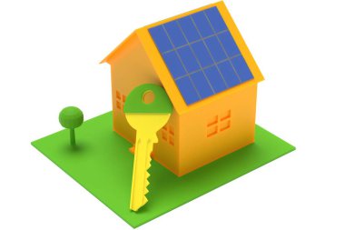 Üç boyutlu illüstrasyon. Ev modeli ve büyük bir anahtar.