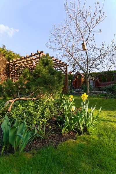 Jardín Casa Con Césped Mirador Principios Primavera — Foto de Stock