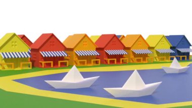 3d video. Gölde ve dinlenme evlerinde kayıklar akıyor. 