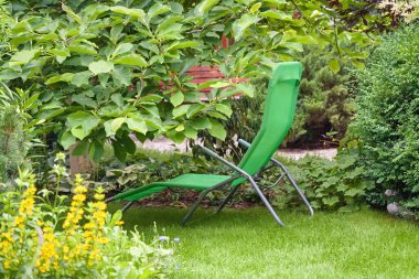 Kırsal bir bahçede manzara - çiçeklerin arasında çimlerin üzerinde bir iskemle. 