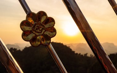 Göz kamaştırıcı gün batımı, gölgeli yeşil dağ, öndeki altın rengi çiçek.