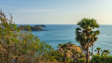Tayland plajı gün batımı zamanı, yeşil palmiye ağaçları