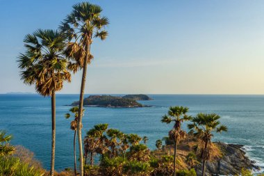 Tayland plajı gün batımı zamanı, yeşil palmiye ağaçları