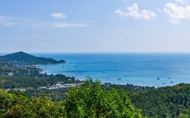 Koh Tao, Tayland - 22 Nisan 2019: Ada Mango manzarası, yeşil palmiye ağaçları ve mavi deniz suyu.
