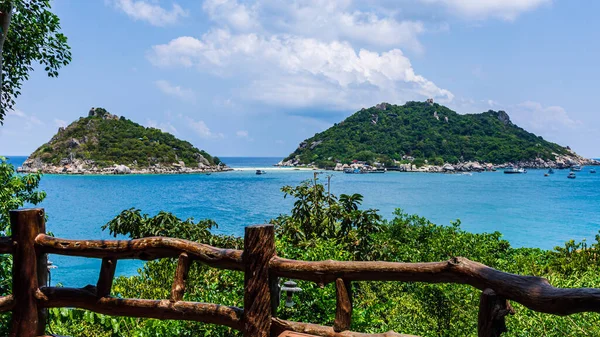 Deux Petite Île Verte Vue Baie Koh Tao Eau Bleu — Photo