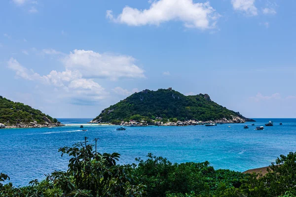Deux Petite Île Verte Vue Baie Koh Tao Eau Bleu — Photo
