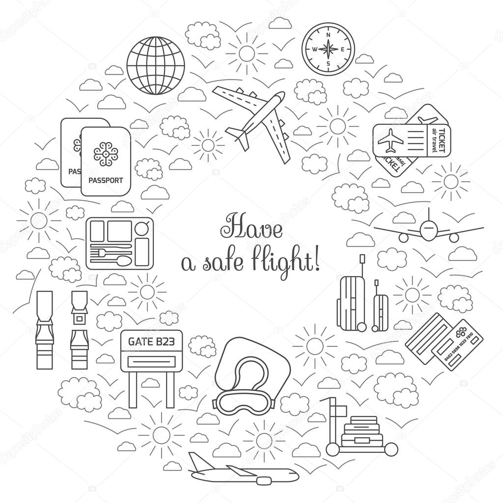Have a safe flight card with isolated thin lined outlined icons. Tools and accessories for airplane travel. Vector illustration