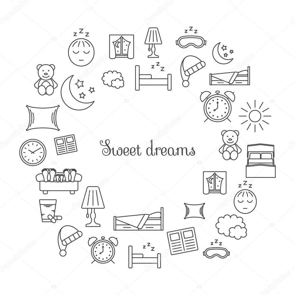Sweet dreams card with set of isolated sleeping thin lined outlined icons. Vector signs for design of apps, interfaces, web sites, banners, presentations, etc.