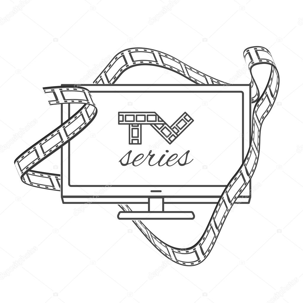 Isolated TV series thin lined outline icon. Vector outlined concept with logo of television series shown on flat panel TV and cinema film in black and white contours.