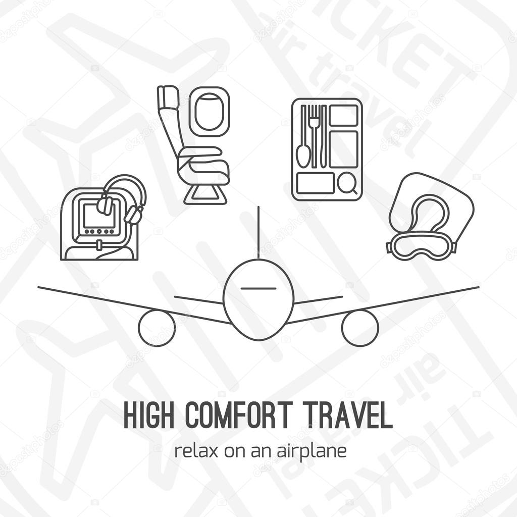Vector illustration of comfort airplane travel in thin lined style with isolated airplane accessories for comfort travelling - concept of comfort airplane trip.