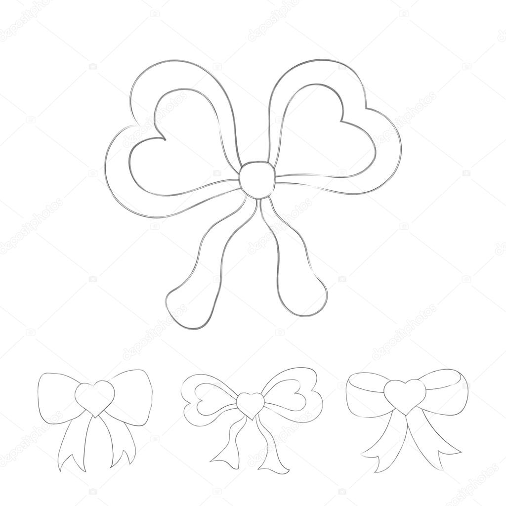 Hand drawn pencil sketch of festive bows in the shape of heart for using as a symbol, icon, logo or element for design. Vector illustration.
