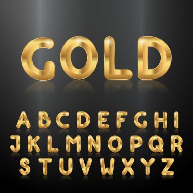 Altın alfabe. Metalik 3d harfler kümesi.