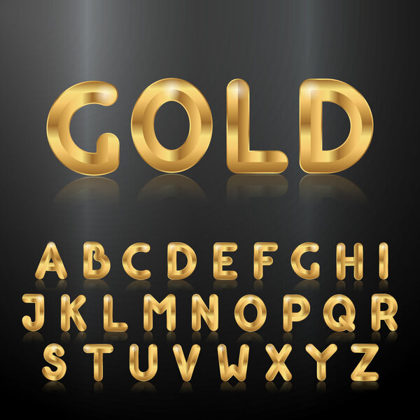 Golden alphabet. Set of metallic 3d letters.