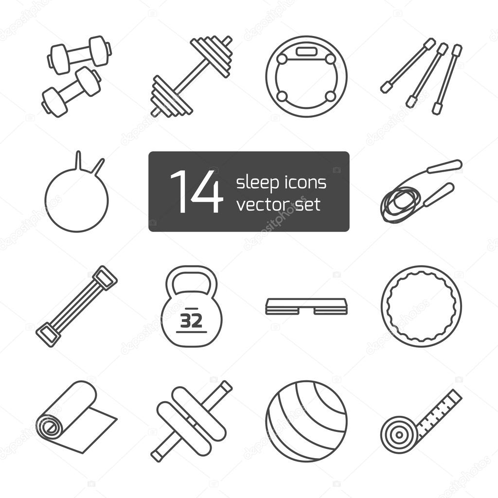 Set of isolated thin lined outlined icons. Tools and accessories for aerobics and sport. Dumbbells, fitball, jump rope, step, expander, gymnastic stick, barbell, hula hoop,roller. Vector illustration