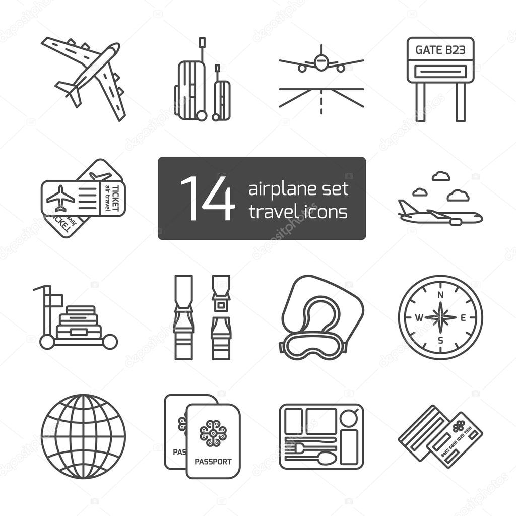 Set of isolated thin lined outlined icons. Tools and accessories for airplane travel. Vector illustration