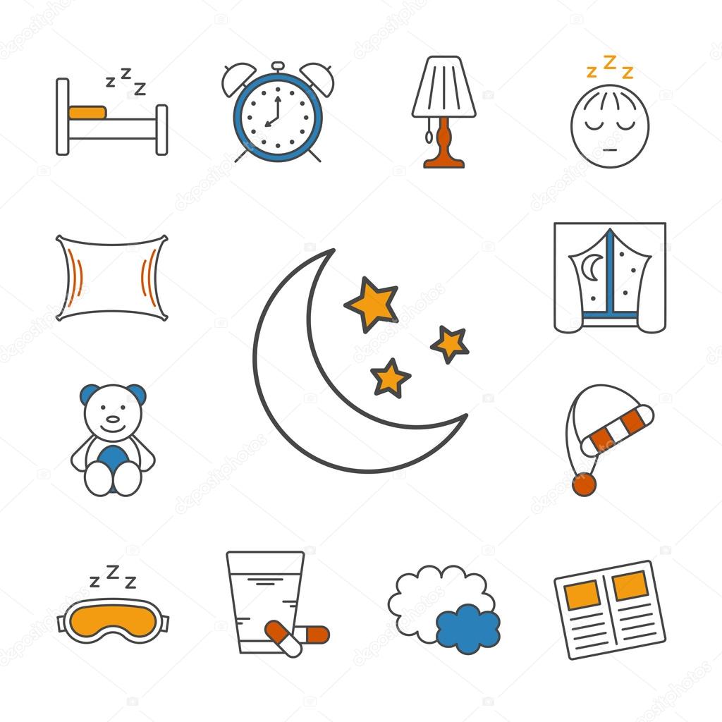 Set of isolated sleeping thin lined outlined icons. Vector signs for design of apps, interfaces, web sites, banners, presentations, etc.