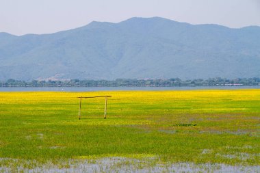 Kerkini, Yunanistan, 12 Temmuz 2021. Kerkini Gölü manzarası. Kerkini Gölü, Orta Makedonya, Yunanistan 'da 1932' de yaratılan ve 1980 'de yeniden inşa edilen yapay bir rezervdir..