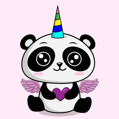  Pandacorn. Tek boynuzlu ve kalbi olan şirin bir panda. Tekstil ürünleri, kartpostallar, posterler, baskılar, süslemeler için uygun. Beyaz arkaplanda izole.