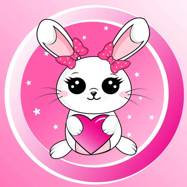 Милый Кролик Сердцем Руках Мультяшный Персонаж Большими Глазами Розовыми Щеками — стоковый вектор