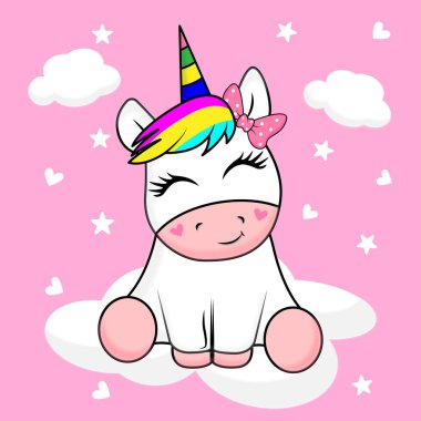  İzole edilmiş pembe arka planda şirin tek boynuzlu at karakteri çizimi. Tasarım baskıları, posterler, vs..