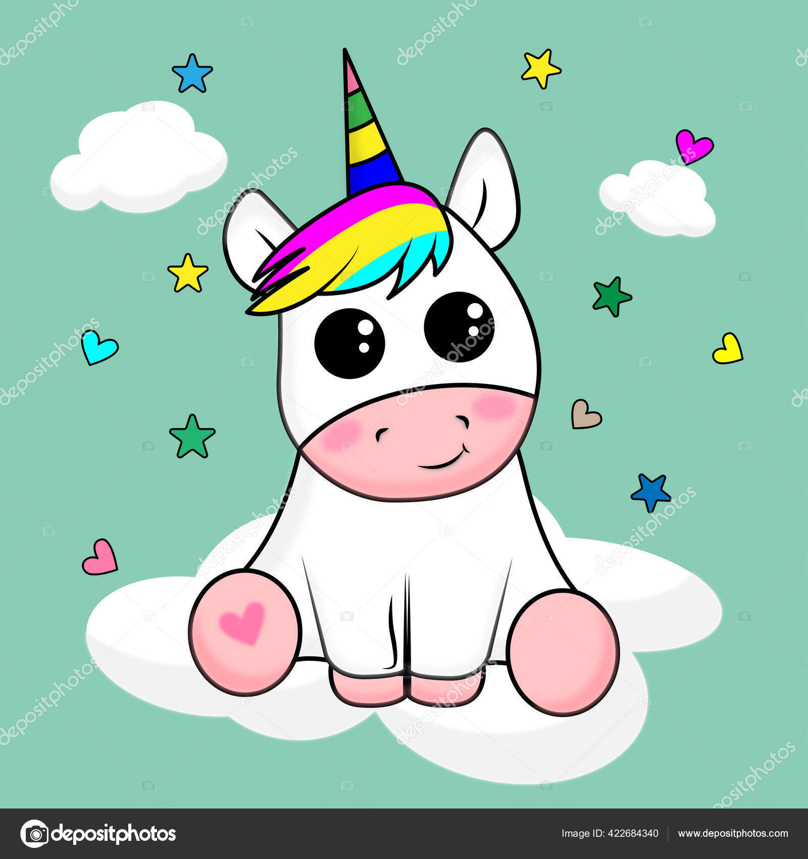 Smuk Enhjørning Skyer Med Stjerner Hjerter Tegneserie Design Stockvektor af  ©MaryLev 422684340, image size:1600x1700