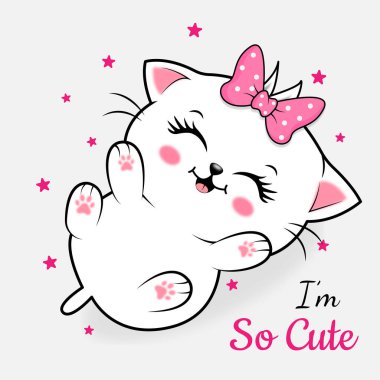 Şirin kız kedicik. Tebrik kartı, çocukların gömlek tasarımı, baskısı ya da posteri için kullanılabilir. Vektör illüstrasyonu. 