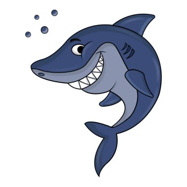  Gülümseyen köpekbalığı. Beyaz arka planda izole edilmiş karikatür okyanus karakteri. Köpekbalığı balık maskotu.