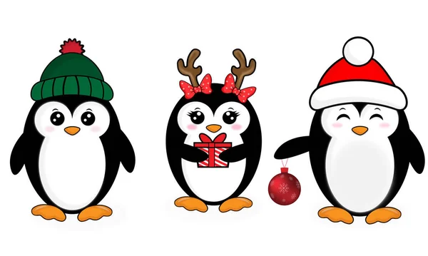 Sada Tří Vánočních Tučňáků Jiným Příslušenstvím Legrační Kreslený Postava Drží — Stockový vektor