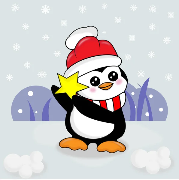 Illustrazione Invernale Con Divertente Pinguino Cartone Animato Personaggio Dei Cartoni — Vettoriale Stock