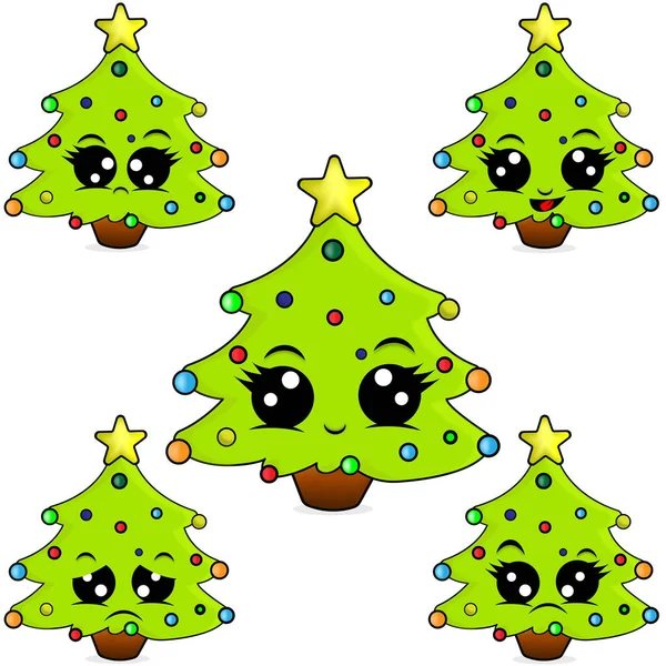 Cartoon Christmas trees with different expressions. Isolated on white background.