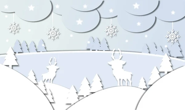Kış Kompozisyonu Köknar Ağaçları Bulutlar Kar Taneleri Yıldızlar Geyikler Tepeler — Stok Vektör