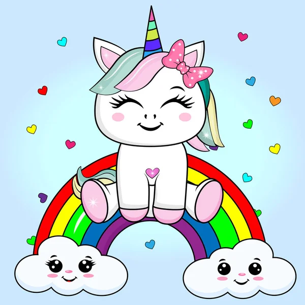 Niedliches Baby Einhorn Sitzt Auf Dem Regenbogen Vektor Illustration Isoliert — Stockvektor