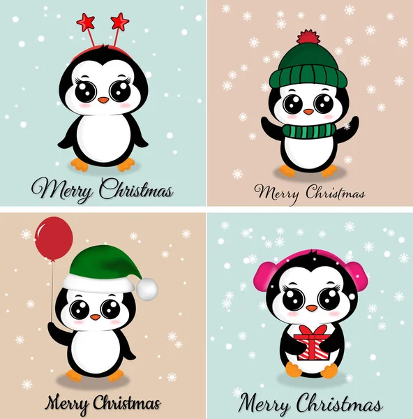 Merry Christmas Greeting Cards Posters Set Cute Penguins Vector Illustration — Stock Vector