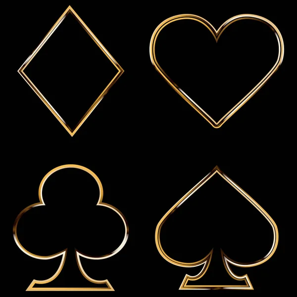 Poker takımı, altın çerçeve, kalpler, sinekler, maça ve elmaslar. Siyah arka planda izole edilmiş. Kumarhane temalı oyun vektörü illüstrasyonu.